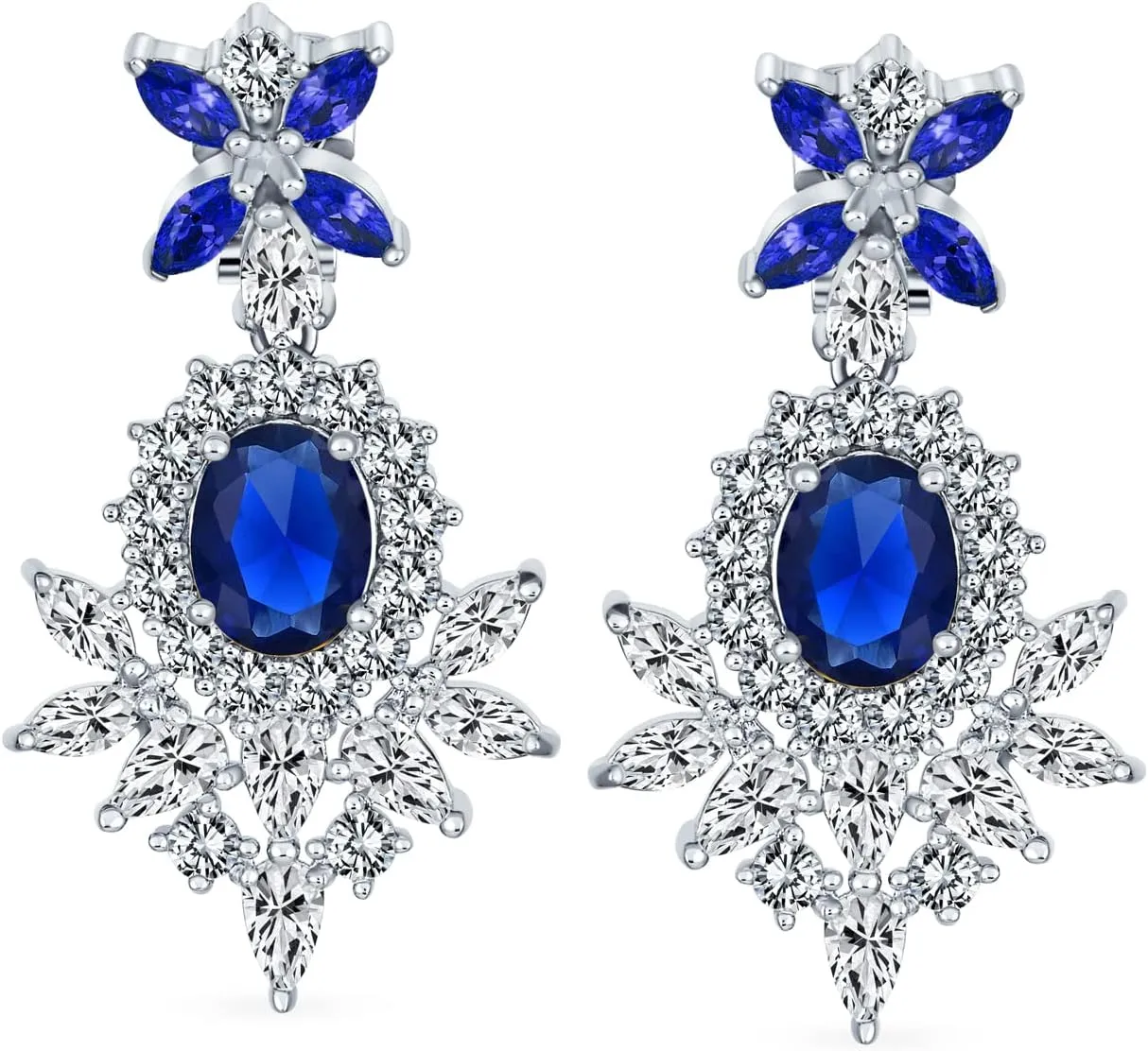 Bridal Art Deco Style Cluster Floral AAA CZ Red Or Black Statement Dangle Teardrop Chandelier Clip On Earrings For Women Simulated Ruby Onyx Silver Plated