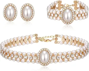 BriLove 1920s Costume Jewelry Set for Women,Vintage Multilayer Simulated Pearl Crystal Necklace Bracelet Earrings Cosplay Party Accessories
