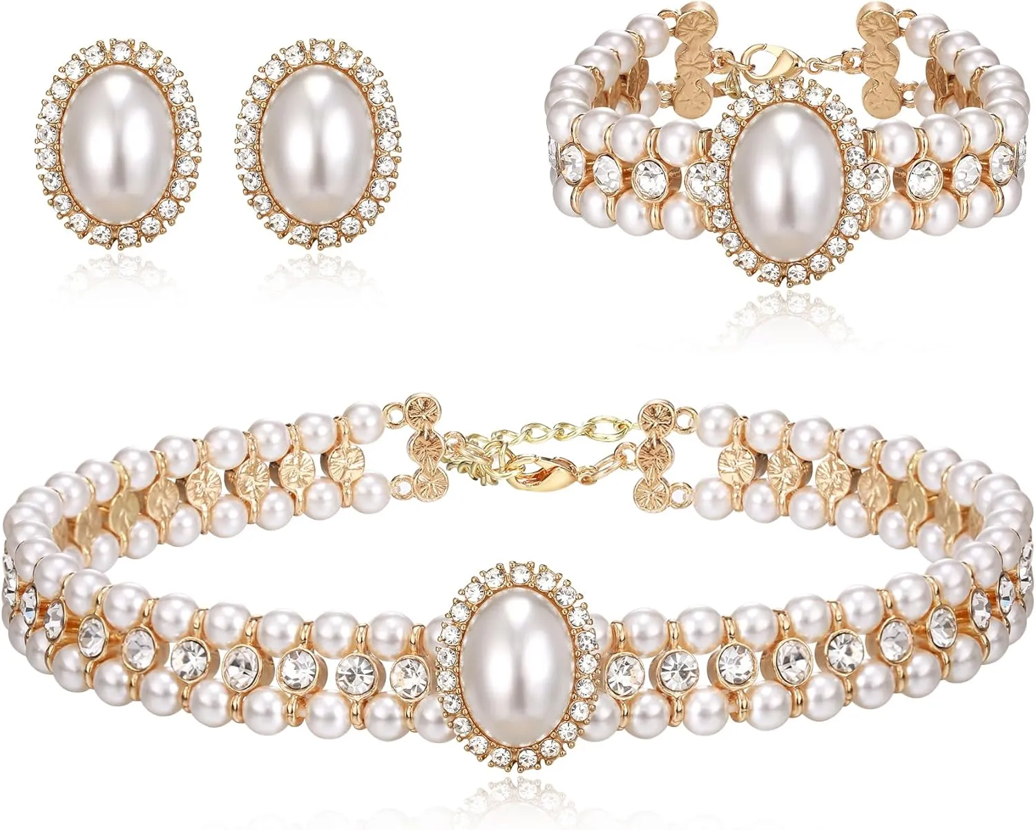 BriLove 1920s Costume Jewelry Set for Women,Vintage Multilayer Simulated Pearl Crystal Necklace Bracelet Earrings Cosplay Party Accessories