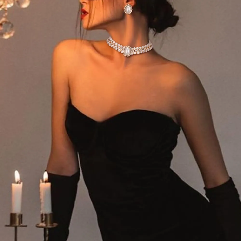 BriLove 1920s Costume Jewelry Set for Women,Vintage Multilayer Simulated Pearl Crystal Necklace Bracelet Earrings Cosplay Party Accessories