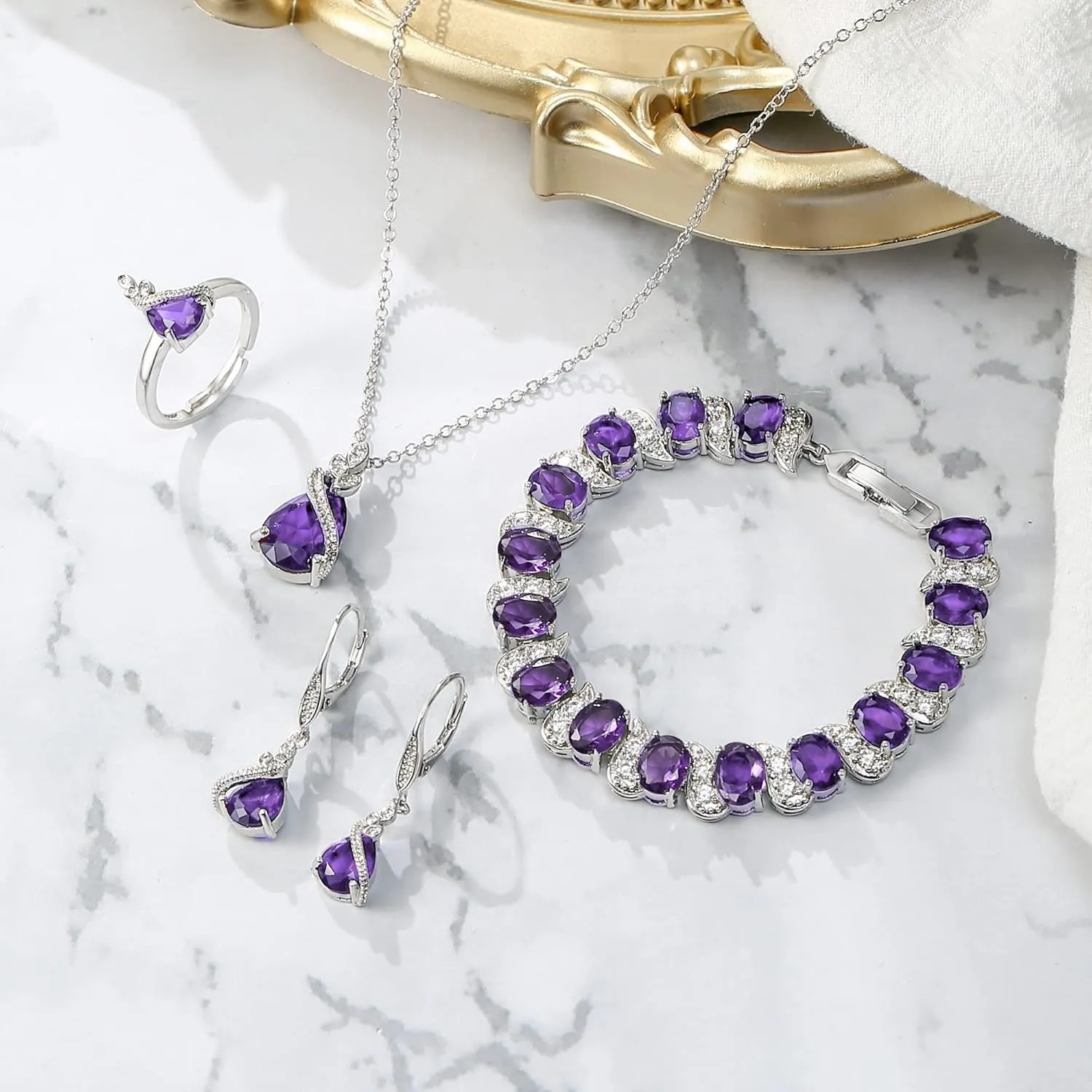 BriLove Jewelry Set for Bride, Sparkling Water Drop Cubic Zirconia Crystal Pendant Necklace Leverback Earrings Tennis Bracelet Adjustable Ring Gift for Wedding/Birthday/Mother's Day/Christmas