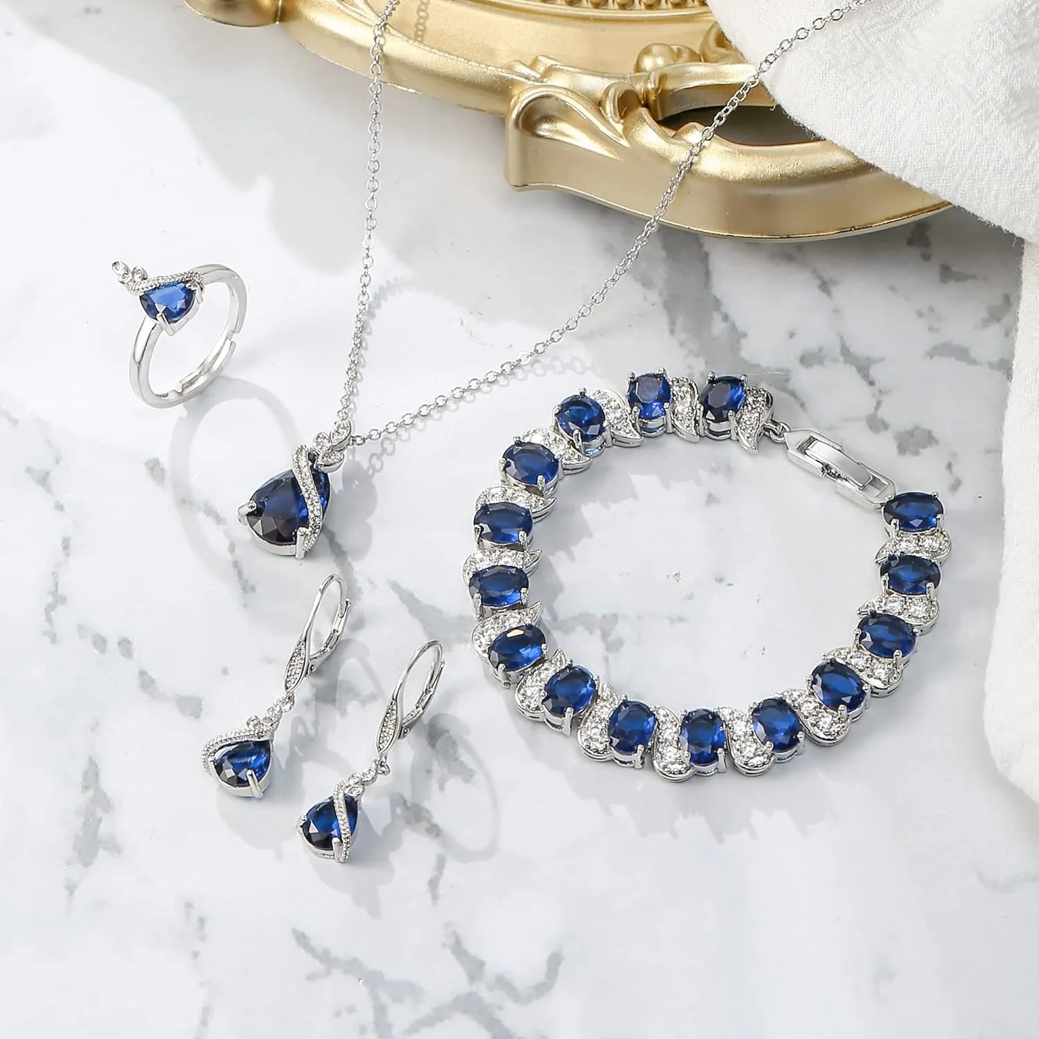 BriLove Jewelry Set for Bride, Sparkling Water Drop Cubic Zirconia Crystal Pendant Necklace Leverback Earrings Tennis Bracelet Adjustable Ring Gift for Wedding/Birthday/Mother's Day/Christmas