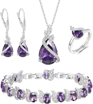 BriLove Jewelry Set for Bride, Sparkling Water Drop Cubic Zirconia Crystal Pendant Necklace Leverback Earrings Tennis Bracelet Adjustable Ring Gift for Wedding/Birthday/Mother's Day/Christmas