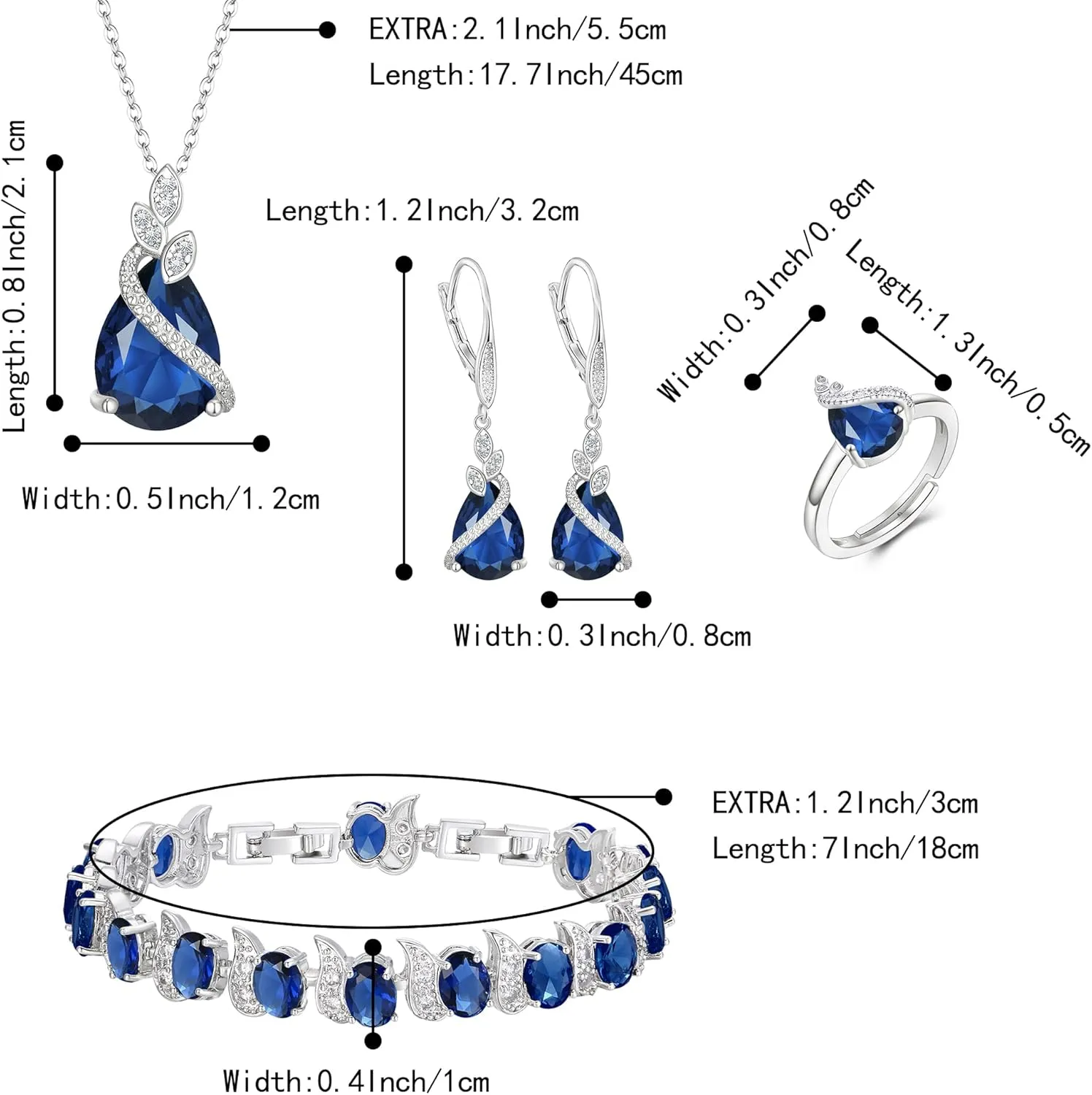 BriLove Jewelry Set for Bride, Sparkling Water Drop Cubic Zirconia Crystal Pendant Necklace Leverback Earrings Tennis Bracelet Adjustable Ring Gift for Wedding/Birthday/Mother's Day/Christmas