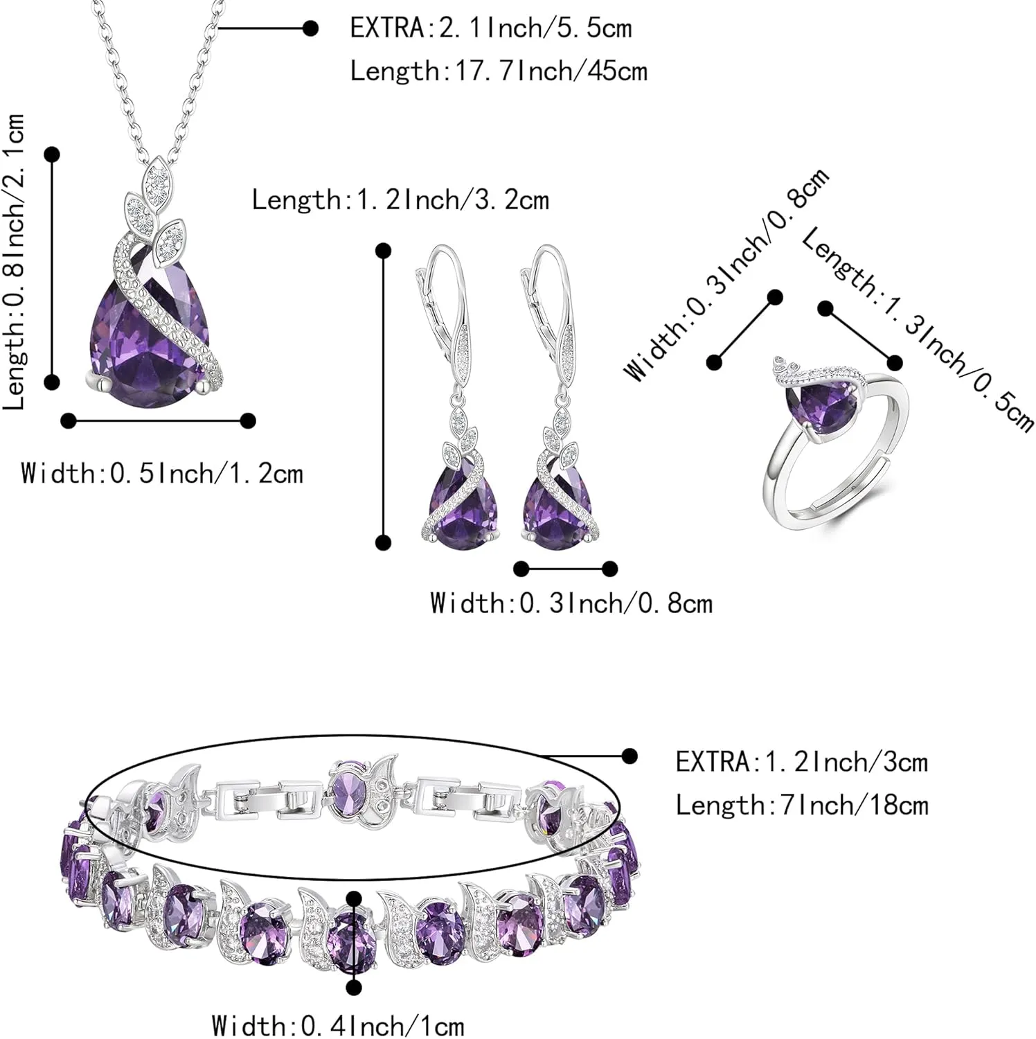 BriLove Jewelry Set for Bride, Sparkling Water Drop Cubic Zirconia Crystal Pendant Necklace Leverback Earrings Tennis Bracelet Adjustable Ring Gift for Wedding/Birthday/Mother's Day/Christmas