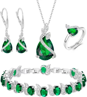 BriLove Jewelry Set for Bride, Sparkling Water Drop Cubic Zirconia Crystal Pendant Necklace Leverback Earrings Tennis Bracelet Adjustable Ring Gift for Wedding/Birthday/Mother's Day/Christmas