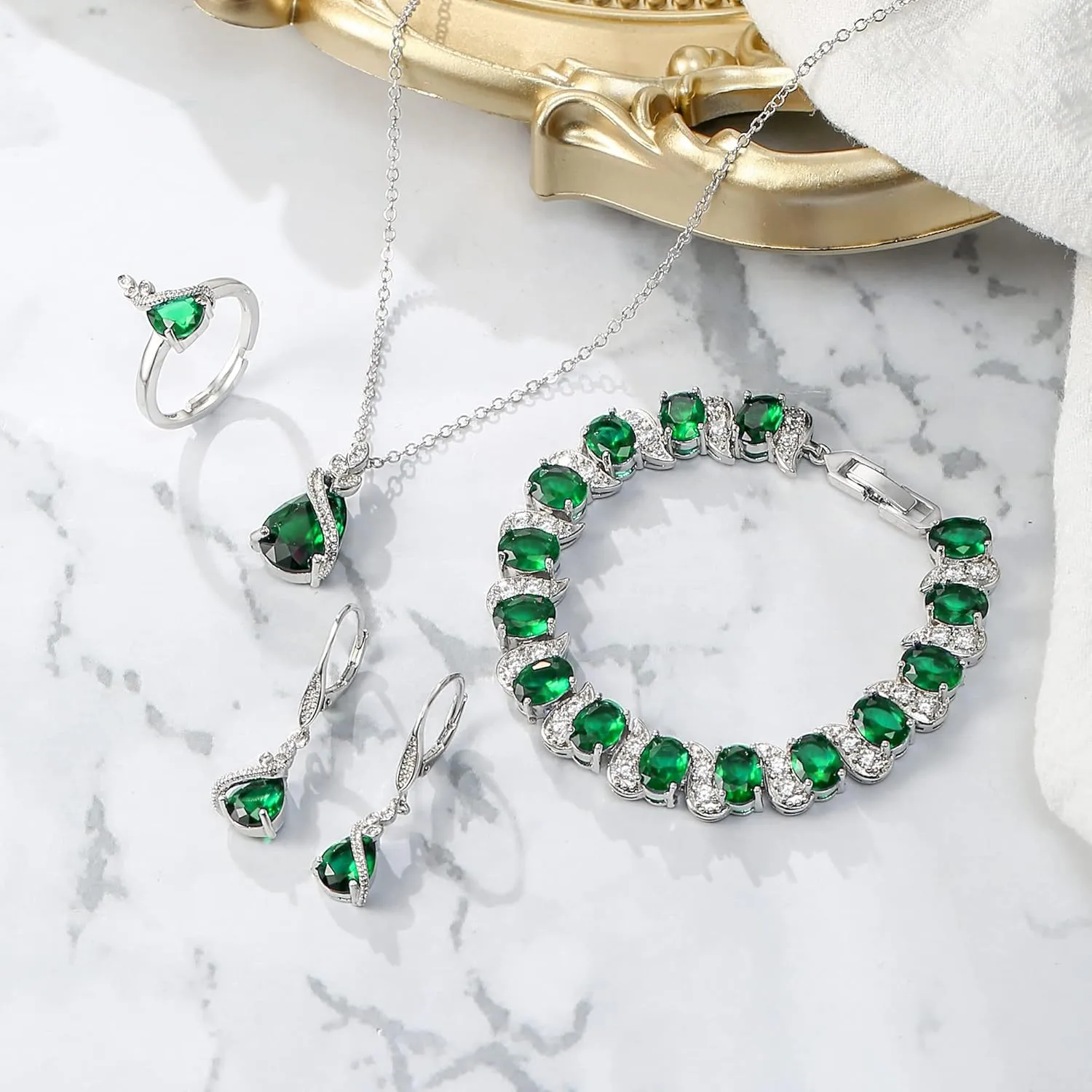 BriLove Jewelry Set for Bride, Sparkling Water Drop Cubic Zirconia Crystal Pendant Necklace Leverback Earrings Tennis Bracelet Adjustable Ring Gift for Wedding/Birthday/Mother's Day/Christmas