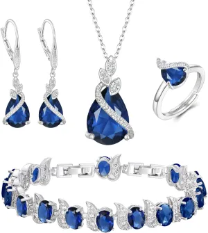 BriLove Jewelry Set for Bride, Sparkling Water Drop Cubic Zirconia Crystal Pendant Necklace Leverback Earrings Tennis Bracelet Adjustable Ring Gift for Wedding/Birthday/Mother's Day/Christmas