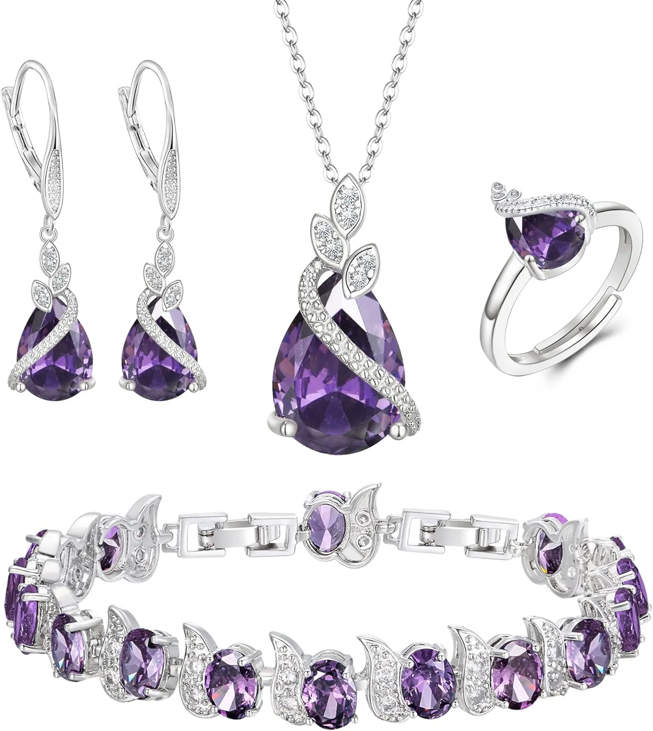 BriLove Jewelry Set for Bride, Sparkling Water Drop Cubic Zirconia Crystal Pendant Necklace Leverback Earrings Tennis Bracelet Adjustable Ring Gift for Wedding/Birthday/Mother's Day/Christmas