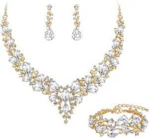 BriLove Wedding Bridal Jewelery for Women Austrian Crystal Teardrop Cluster Statement Necklace Dangle Earrings Link Bracelet Set