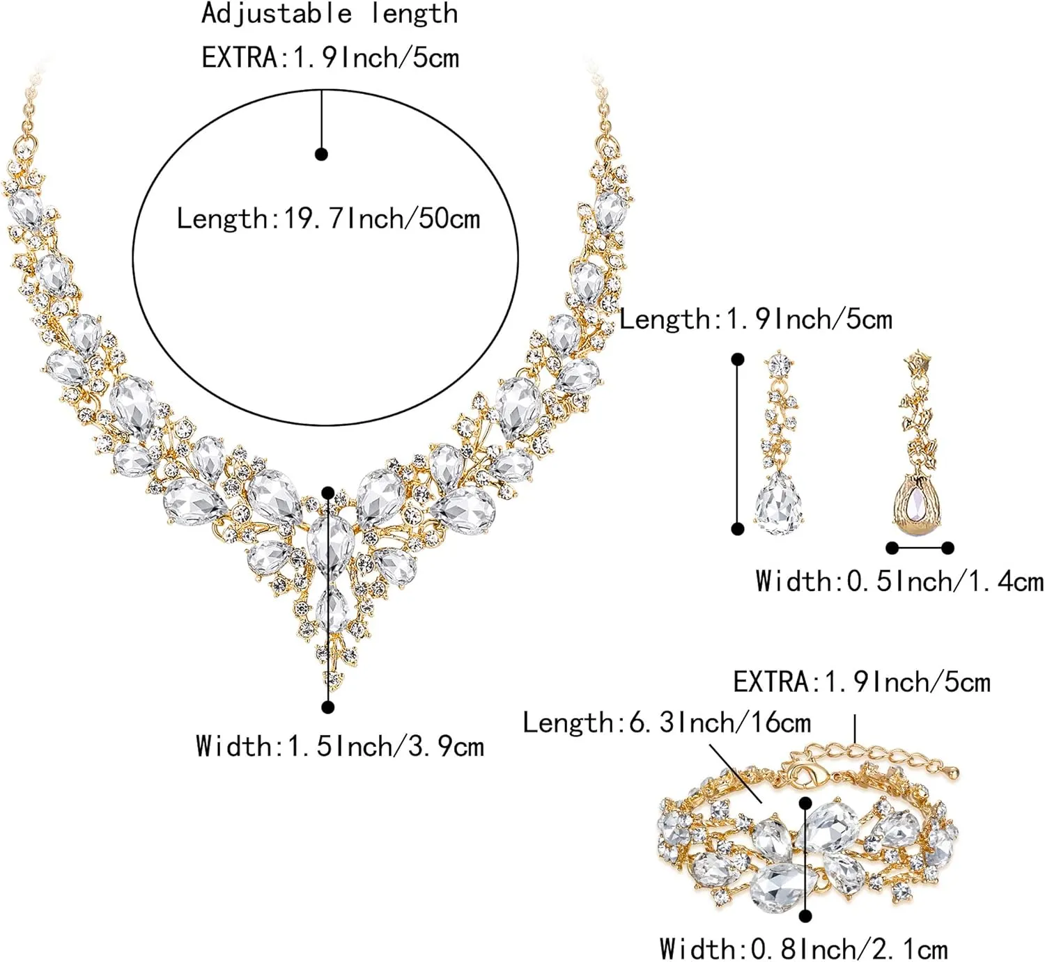 BriLove Wedding Bridal Jewelery for Women Austrian Crystal Teardrop Cluster Statement Necklace Dangle Earrings Link Bracelet Set