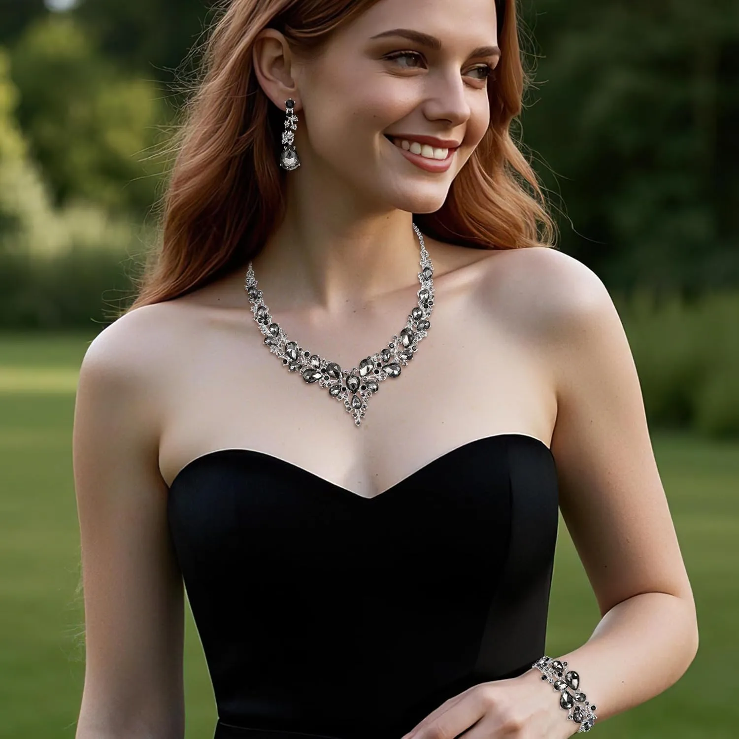 BriLove Wedding Bridal Jewelery for Women Austrian Crystal Teardrop Cluster Statement Necklace Dangle Earrings Link Bracelet Set