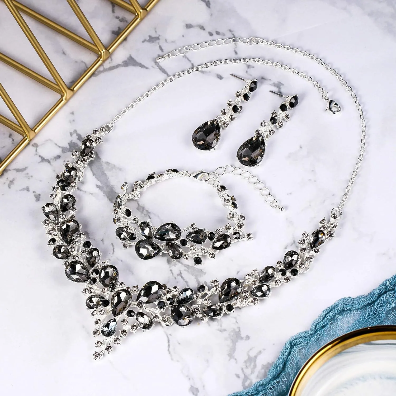 BriLove Wedding Bridal Jewelery for Women Austrian Crystal Teardrop Cluster Statement Necklace Dangle Earrings Link Bracelet Set