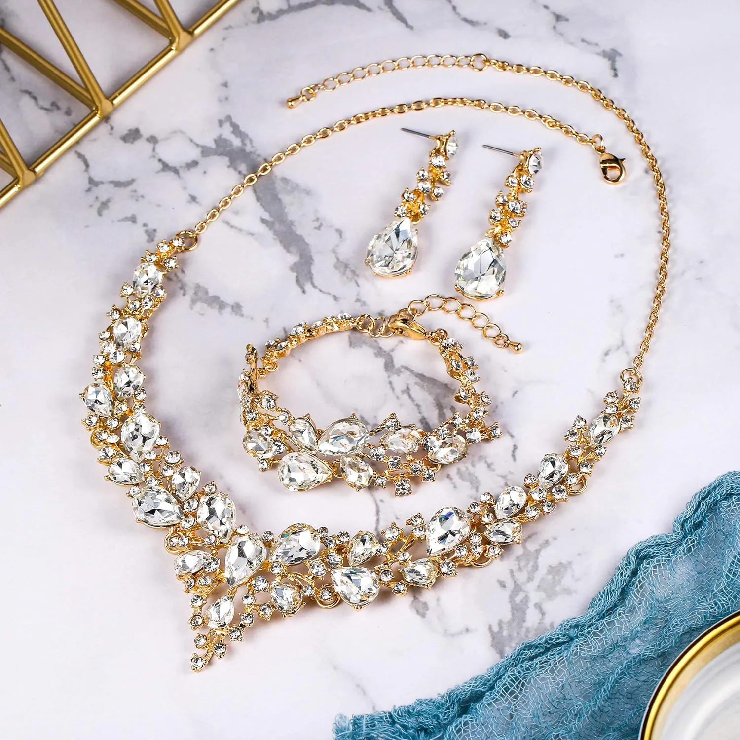 BriLove Wedding Bridal Jewelery for Women Austrian Crystal Teardrop Cluster Statement Necklace Dangle Earrings Link Bracelet Set