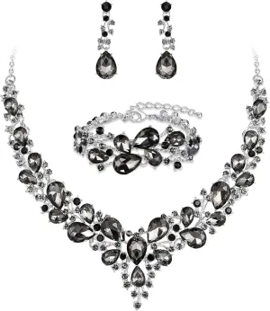 BriLove Wedding Bridal Jewelery for Women Austrian Crystal Teardrop Cluster Statement Necklace Dangle Earrings Link Bracelet Set