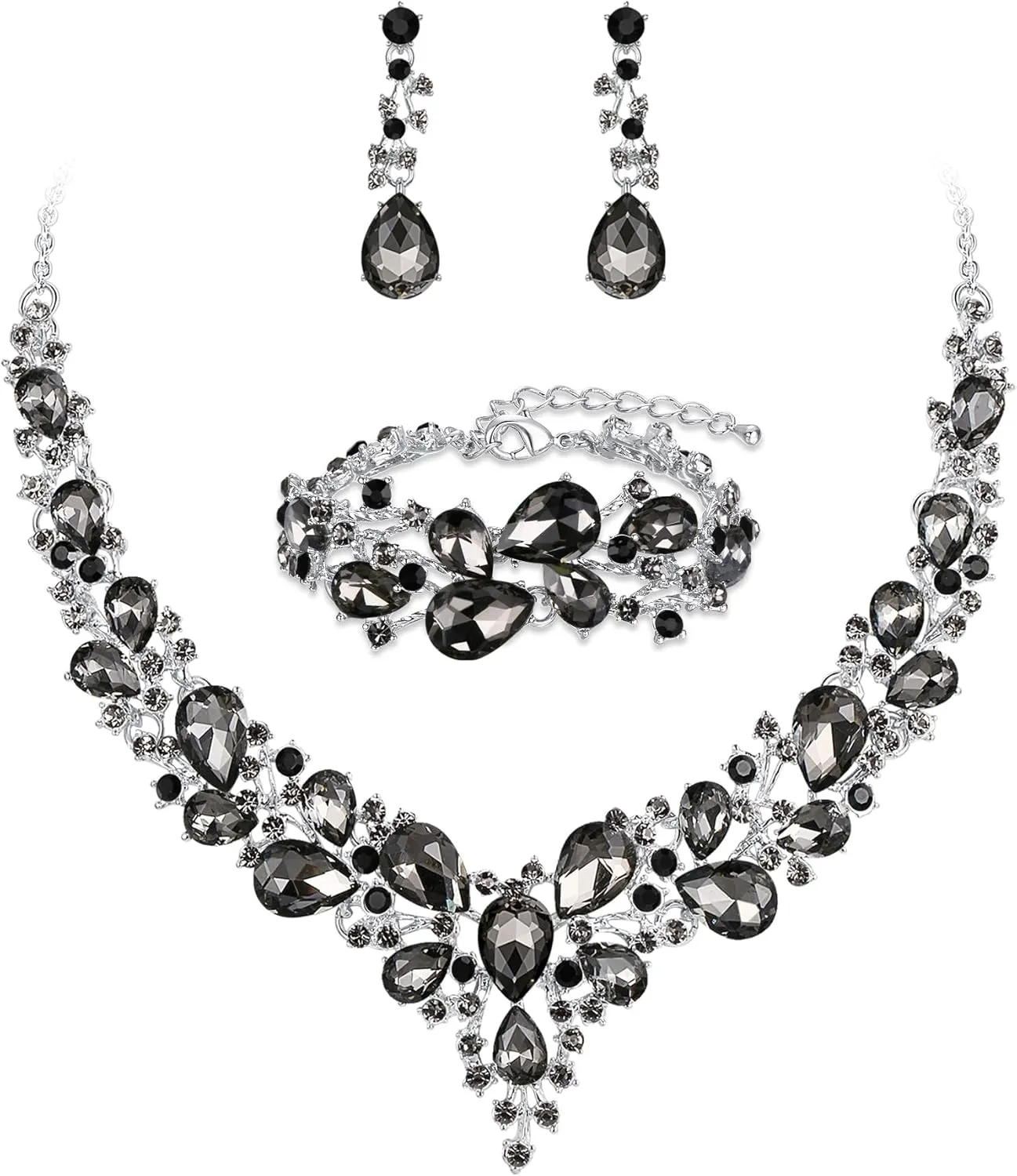 BriLove Wedding Bridal Jewelery for Women Austrian Crystal Teardrop Cluster Statement Necklace Dangle Earrings Link Bracelet Set