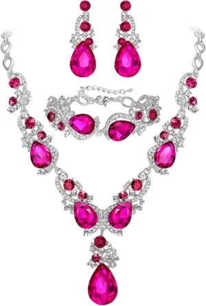 BriLove Wedding Bridal Jewelry for Women Multi Teardrop Cluster Crystal Statement Necklace Dangle Earrings Link Bracelet Set