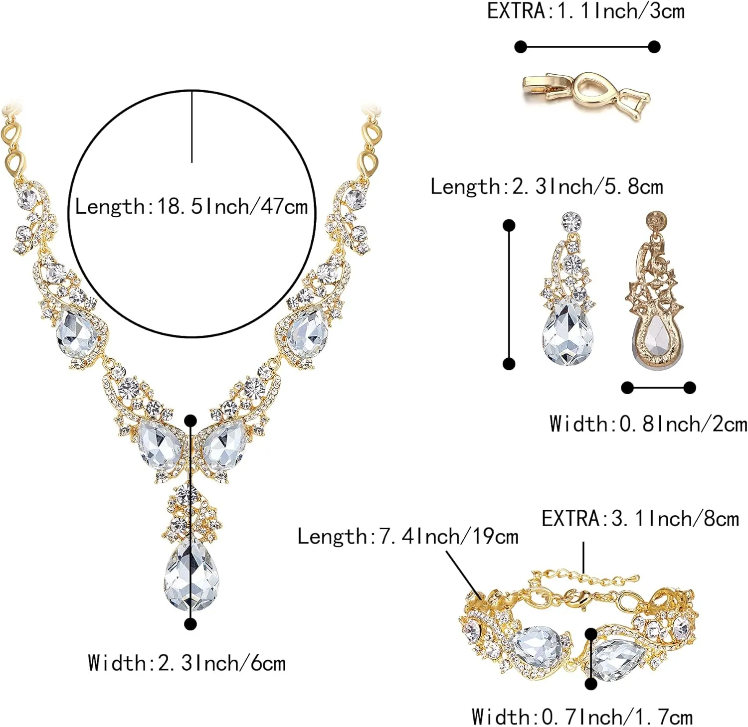 BriLove Wedding Bridal Jewelry for Women Multi Teardrop Cluster Crystal Statement Necklace Dangle Earrings Link Bracelet Set