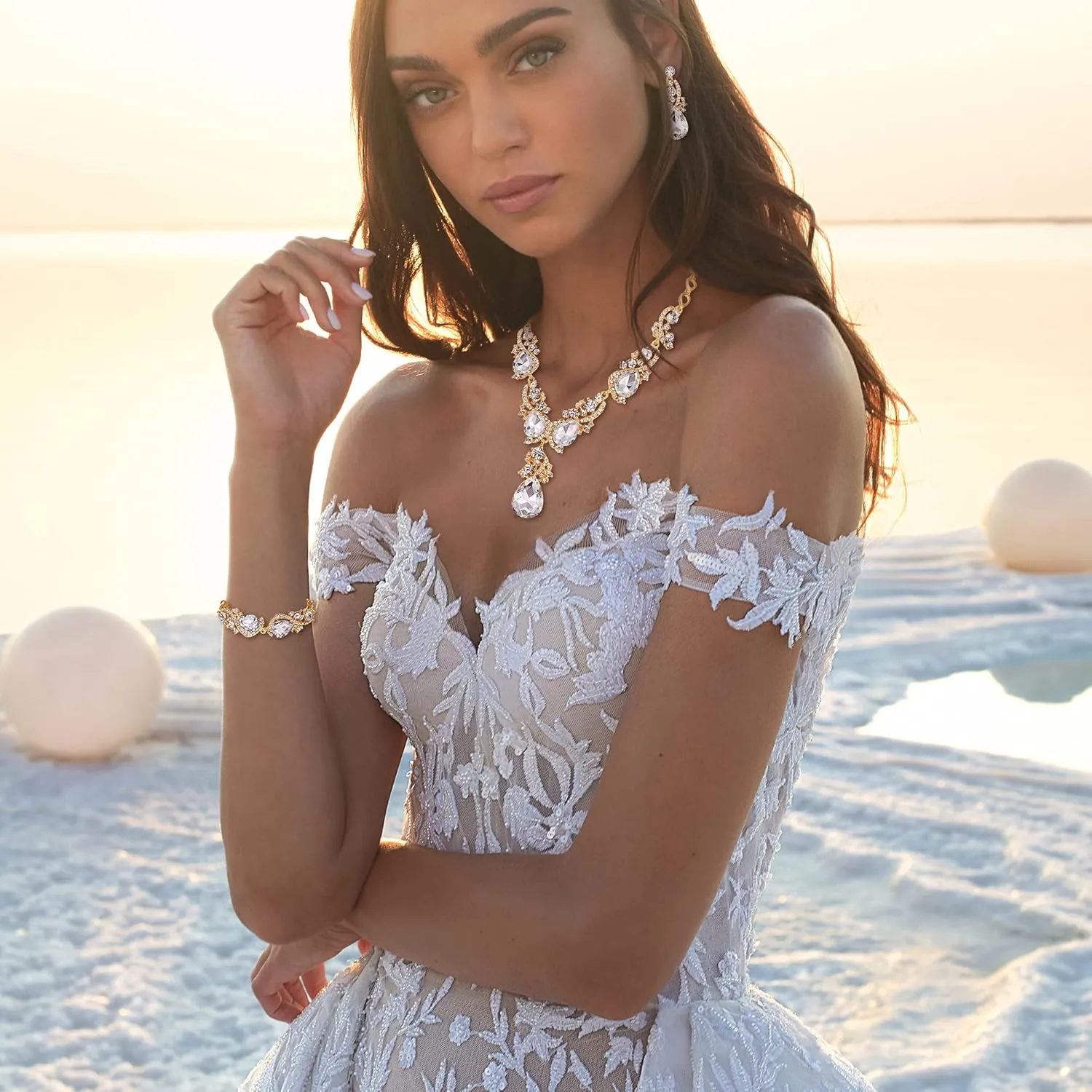 BriLove Wedding Bridal Jewelry for Women Multi Teardrop Cluster Crystal Statement Necklace Dangle Earrings Link Bracelet Set