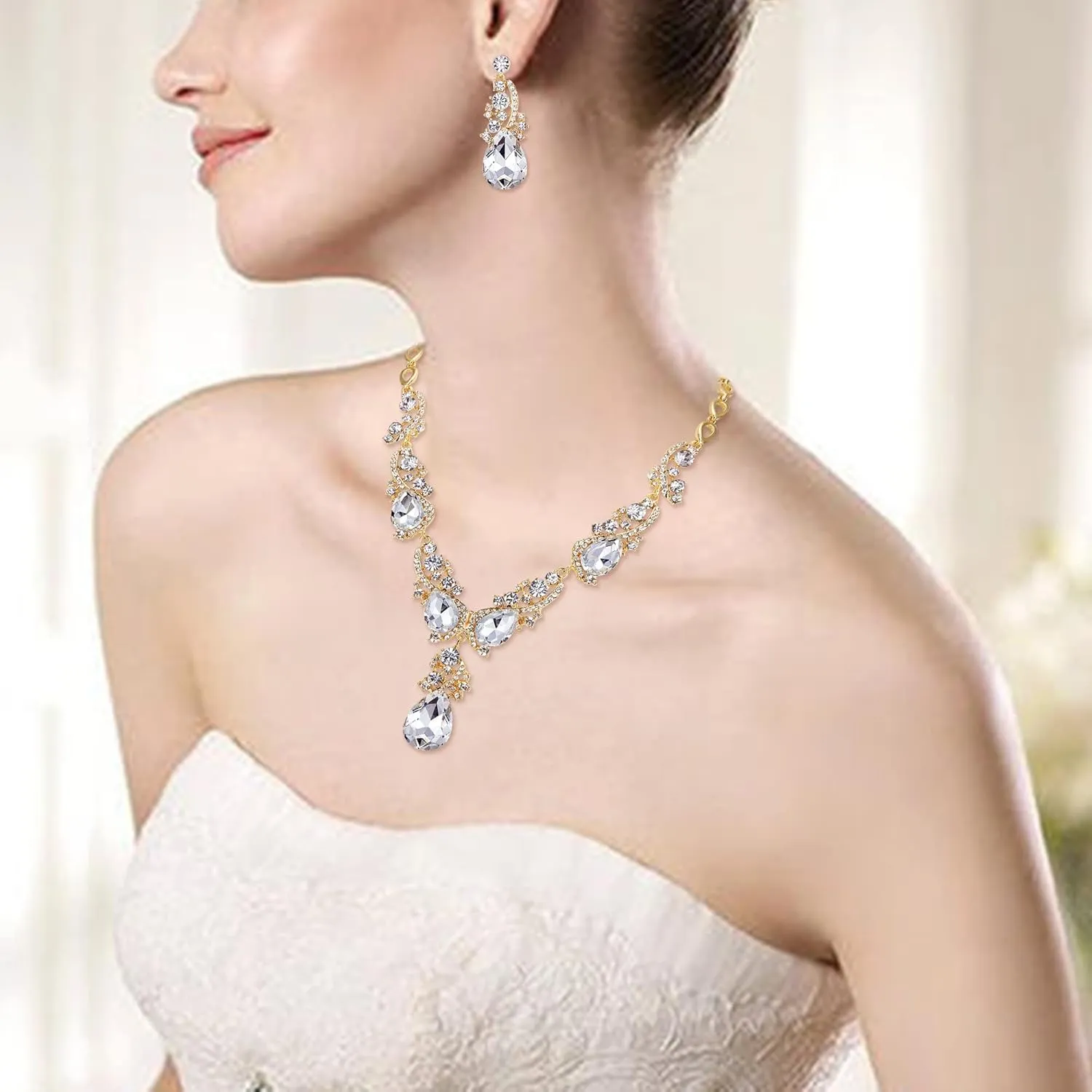 BriLove Wedding Bridal Jewelry for Women Multi Teardrop Cluster Crystal Statement Necklace Dangle Earrings Link Bracelet Set