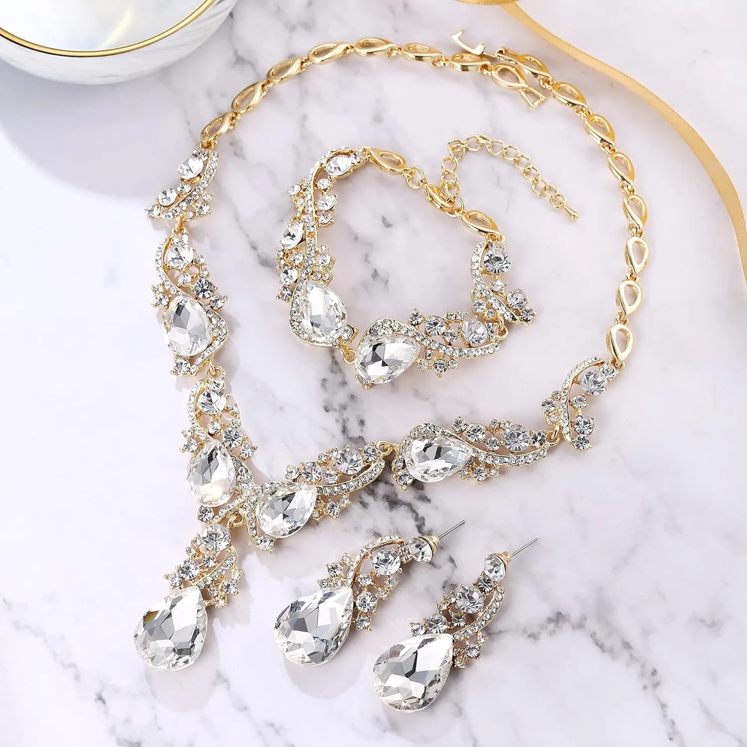 BriLove Wedding Bridal Jewelry for Women Multi Teardrop Cluster Crystal Statement Necklace Dangle Earrings Link Bracelet Set