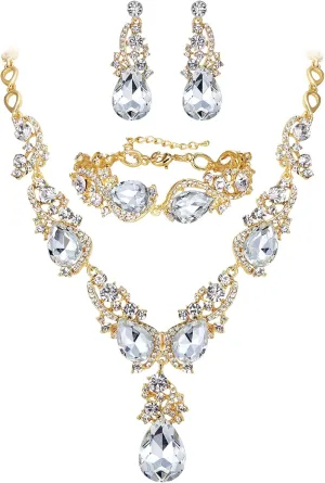 BriLove Wedding Bridal Jewelry for Women Multi Teardrop Cluster Crystal Statement Necklace Dangle Earrings Link Bracelet Set