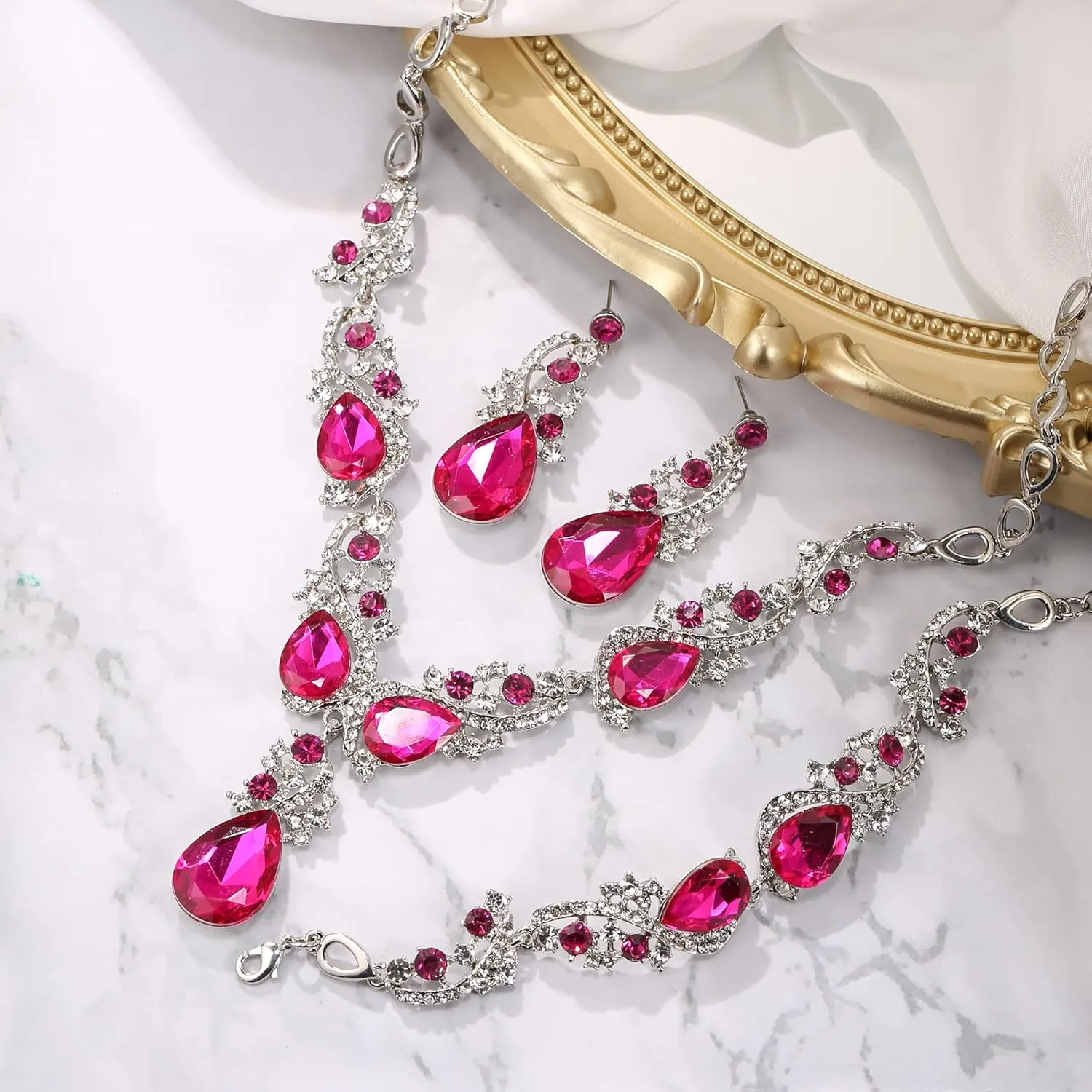 BriLove Wedding Bridal Jewelry for Women Multi Teardrop Cluster Crystal Statement Necklace Dangle Earrings Link Bracelet Set