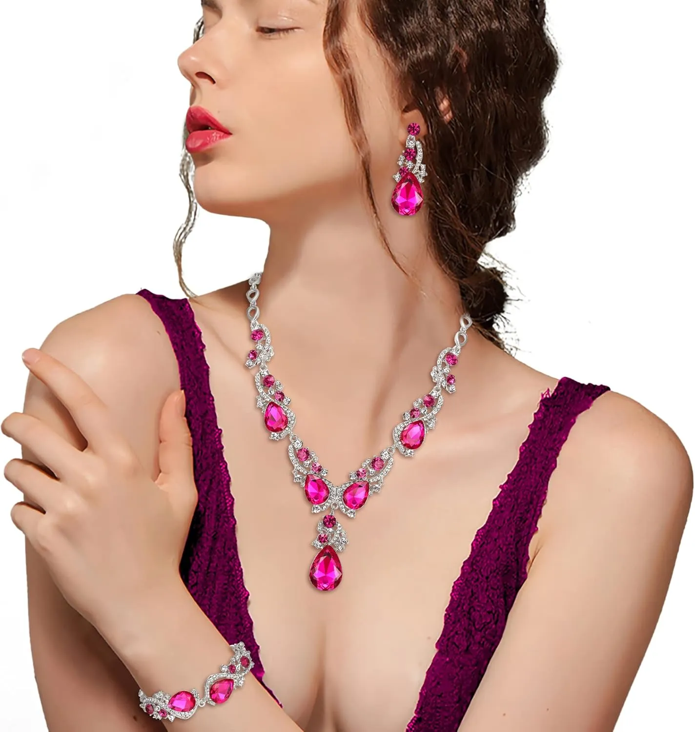 BriLove Wedding Bridal Jewelry for Women Multi Teardrop Cluster Crystal Statement Necklace Dangle Earrings Link Bracelet Set