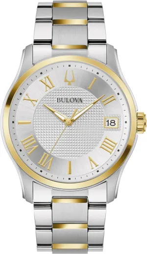 Bulova Men's Classic Wilton Two Tone Stainless Steel 3-Hand Watch, Silver White Dial, Style:98B391