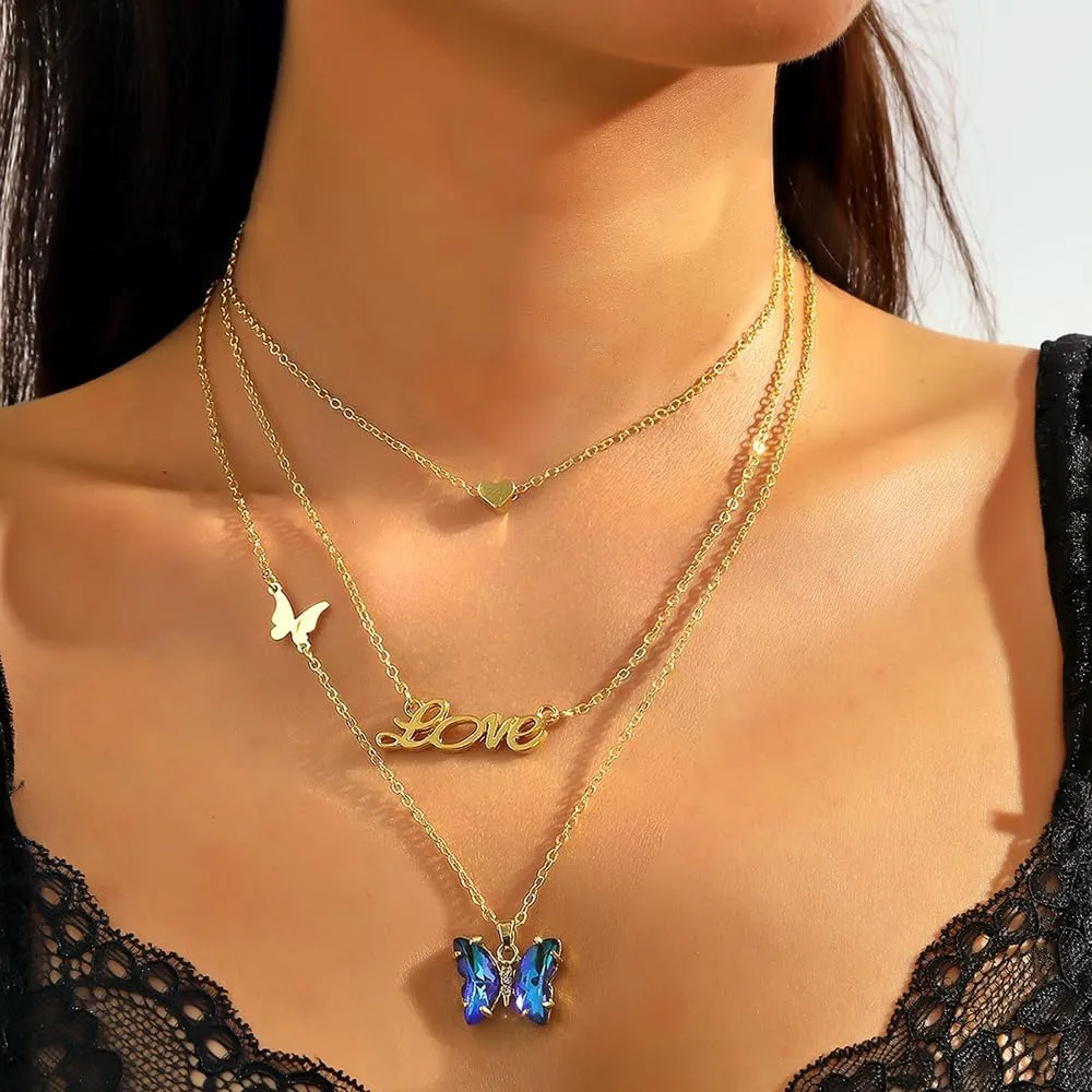 Butterfly Necklace for Women Crystal Butterfly Charm Necklace Layered Butterfly Pendant Necklace Gold Chain Necklace Holiday Birthday Jewelry