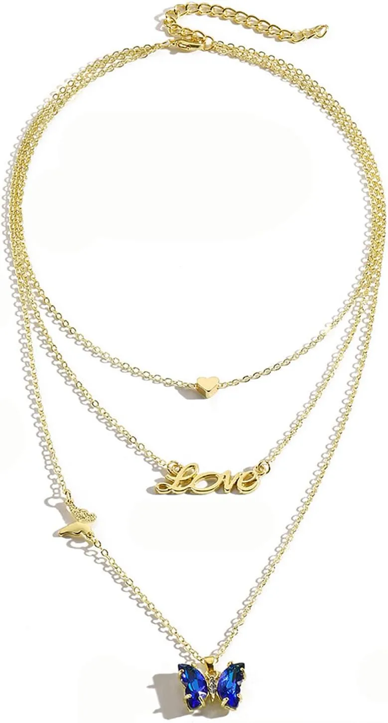 Butterfly Necklace for Women Crystal Butterfly Charm Necklace Layered Butterfly Pendant Necklace Gold Chain Necklace Holiday Birthday Jewelry