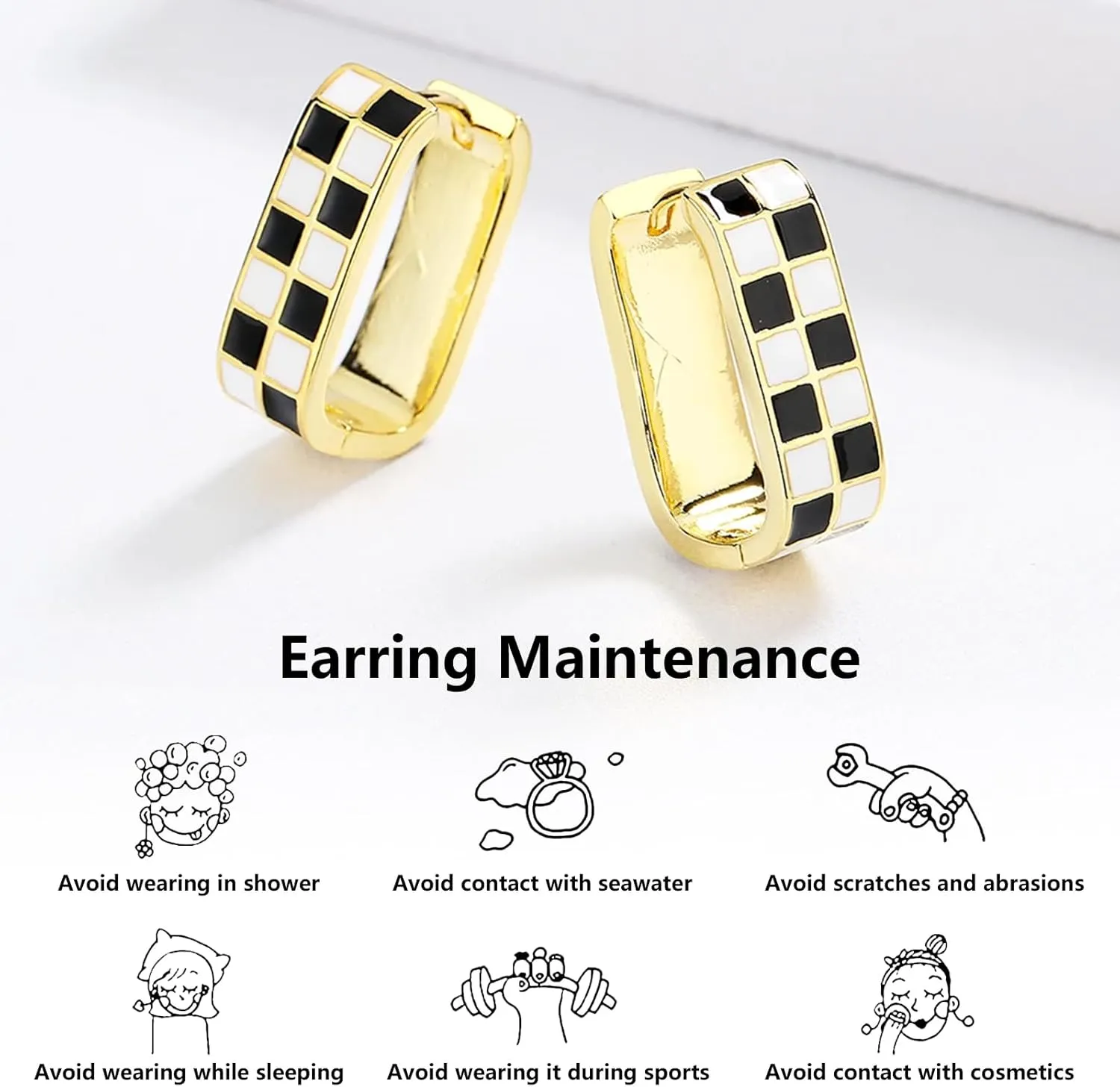 Checkered Earring For Women, Dainty Oval Checker Chunky Hoop Earrings, 18K Gold Plated Filled Enamel Checker Hoop Earrings, Hypoallergenic Fashion Trendy Jewelry Gifts