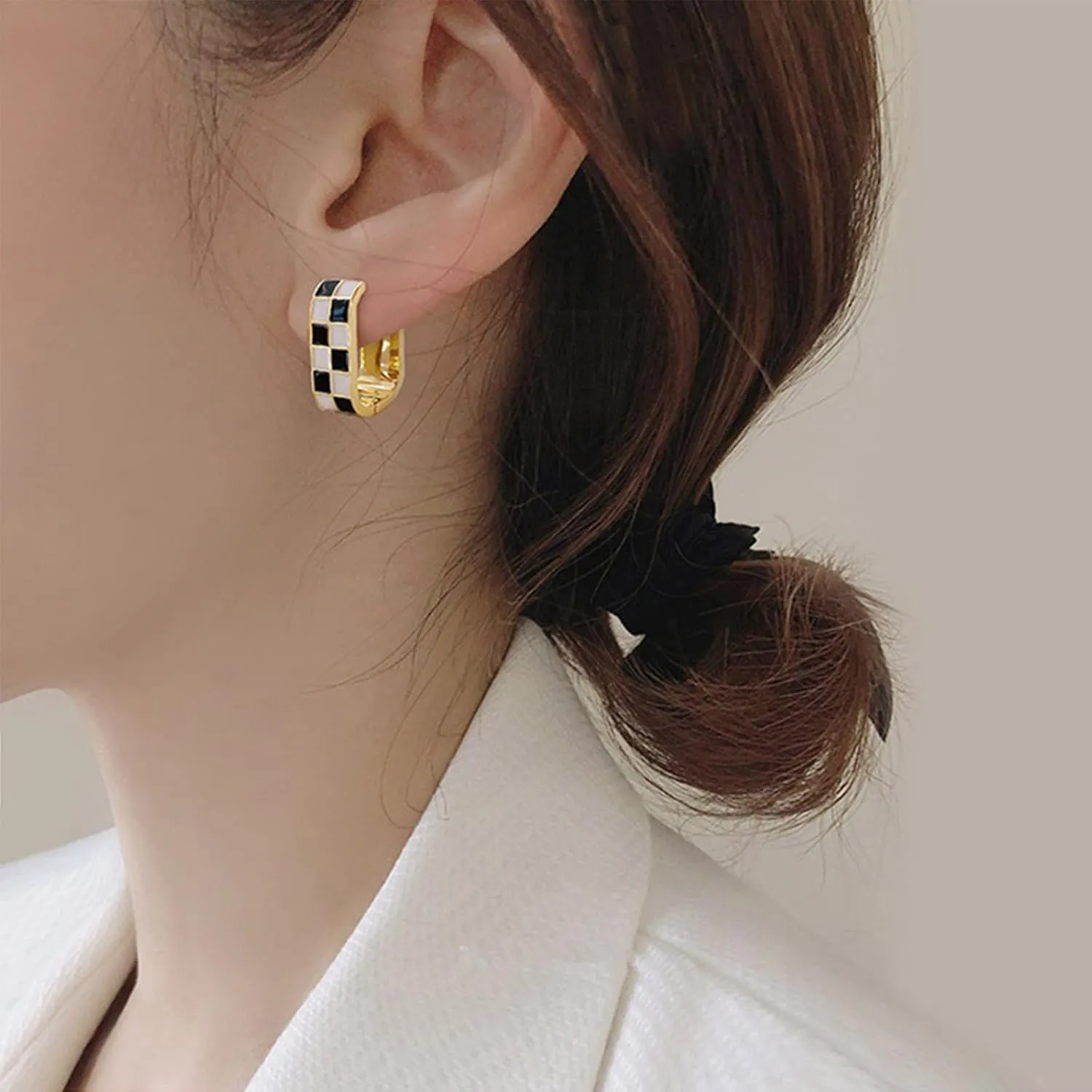 Checkered Earring For Women, Dainty Oval Checker Chunky Hoop Earrings, 18K Gold Plated Filled Enamel Checker Hoop Earrings, Hypoallergenic Fashion Trendy Jewelry Gifts