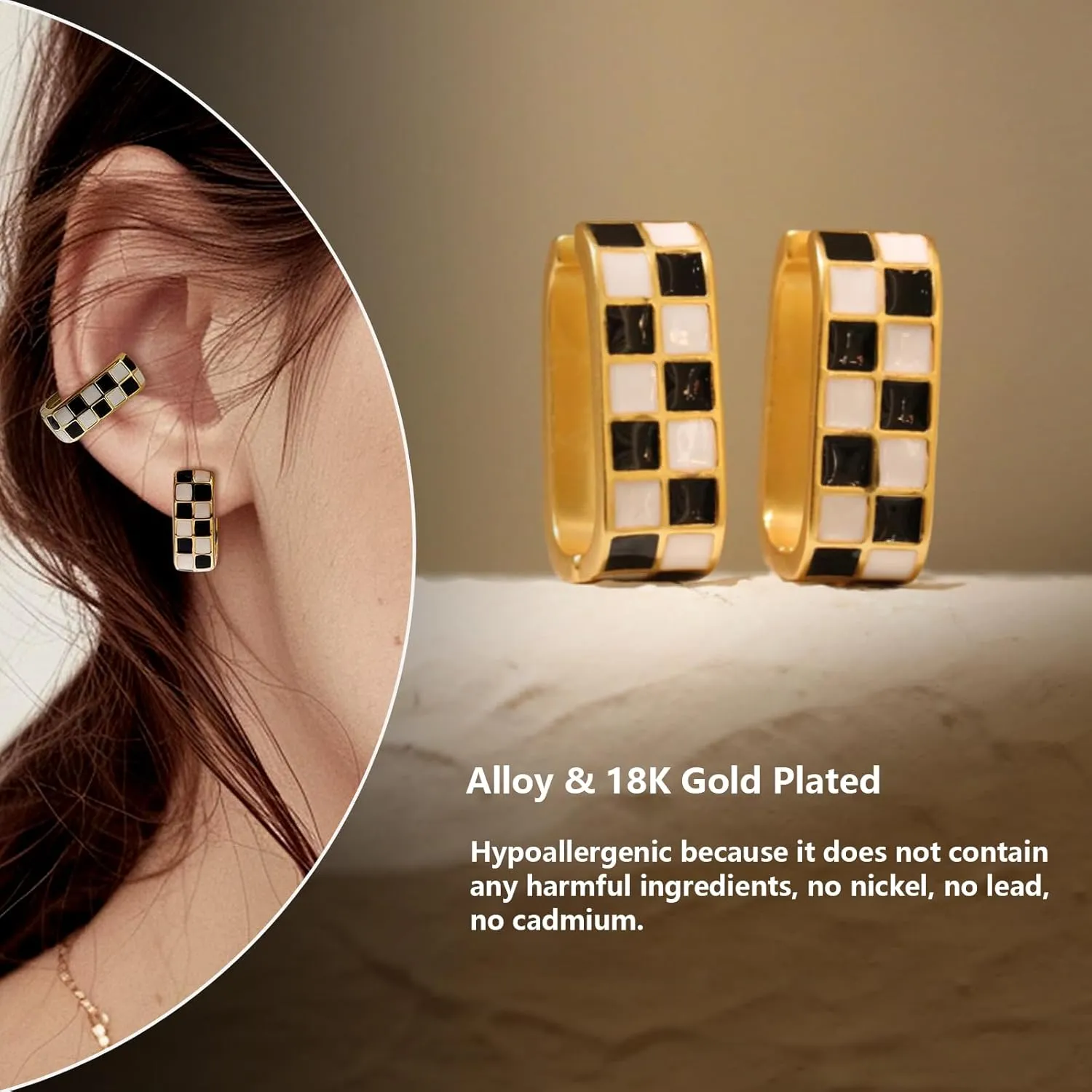 Checkered Earring For Women, Dainty Oval Checker Chunky Hoop Earrings, 18K Gold Plated Filled Enamel Checker Hoop Earrings, Hypoallergenic Fashion Trendy Jewelry Gifts