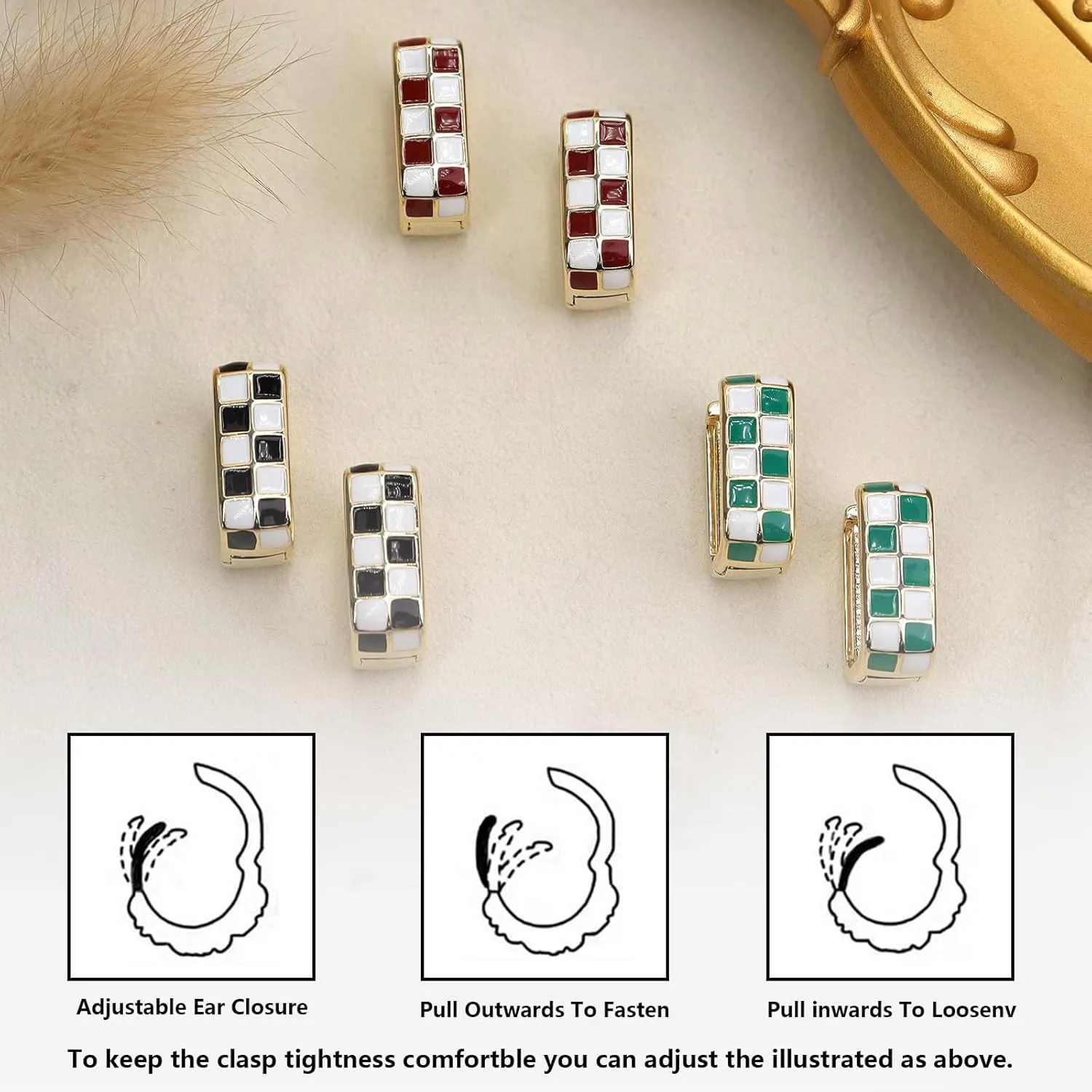 Checkered Earring For Women, Dainty Oval Checker Chunky Hoop Earrings, 18K Gold Plated Filled Enamel Checker Hoop Earrings, Hypoallergenic Fashion Trendy Jewelry Gifts
