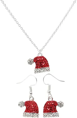 Christmas Crystal Enamel Necklace Earrings for Women Rhinestone Christmas Tree Hat Necklace Earrings Set Novelty Christmas Jewelry for Women