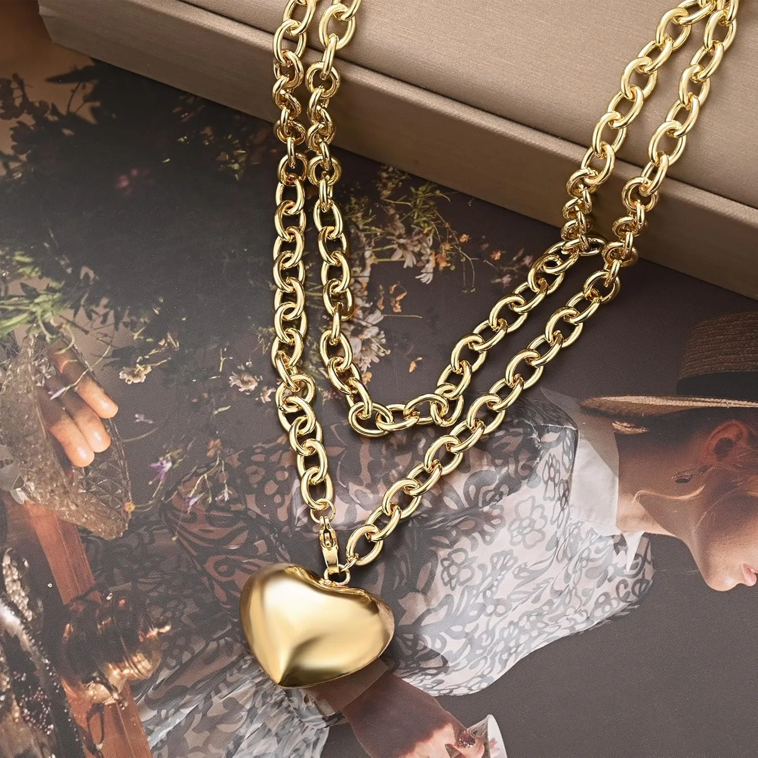 Chunky Heart Necklace for Women 14K Gold Plated Chunky Cuban Chain Link Necklace with Puffy Heart Pendant Trendy Gold Layered Chain Necklace Punk Thick Jewelry for Women