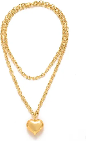 Chunky Heart Necklace for Women 14K Gold Plated Chunky Cuban Chain Link Necklace with Puffy Heart Pendant Trendy Gold Layered Chain Necklace Punk Thick Jewelry for Women