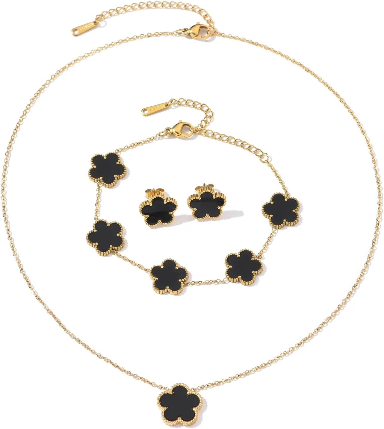 Clover Neckalce Earring Set for Women 14K Gold Plated Stainless Steel Four Leaf Clover Jewelry Set