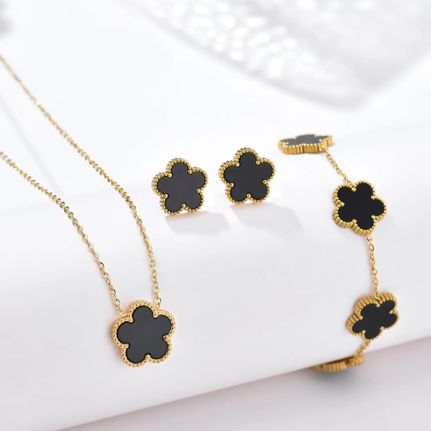 Clover Neckalce Earring Set for Women 14K Gold Plated Stainless Steel Four Leaf Clover Jewelry Set