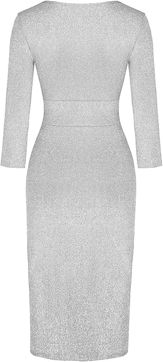 Cocktail Party Dresses,Elegant Formal Long Sleeve Sparkly Dress Plus Size Sexy Bodycon V Neck Smocked Slit Dress