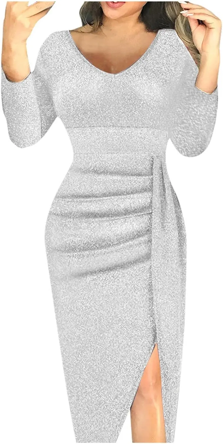 Cocktail Party Dresses,Elegant Formal Long Sleeve Sparkly Dress Plus Size Sexy Bodycon V Neck Smocked Slit Dress