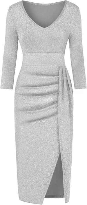 Cocktail Party Dresses,Elegant Formal Long Sleeve Sparkly Dress Plus Size Sexy Bodycon V Neck Smocked Slit Dress