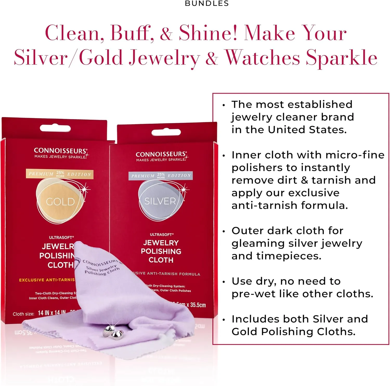 CONNOISSEURS Premium Edition Extra Large Ultrasoft Polishing Cloth with Anti-Tarnish, Value Size 14x14 inches, for Gold and Silver Jewelry, 2 Cloths