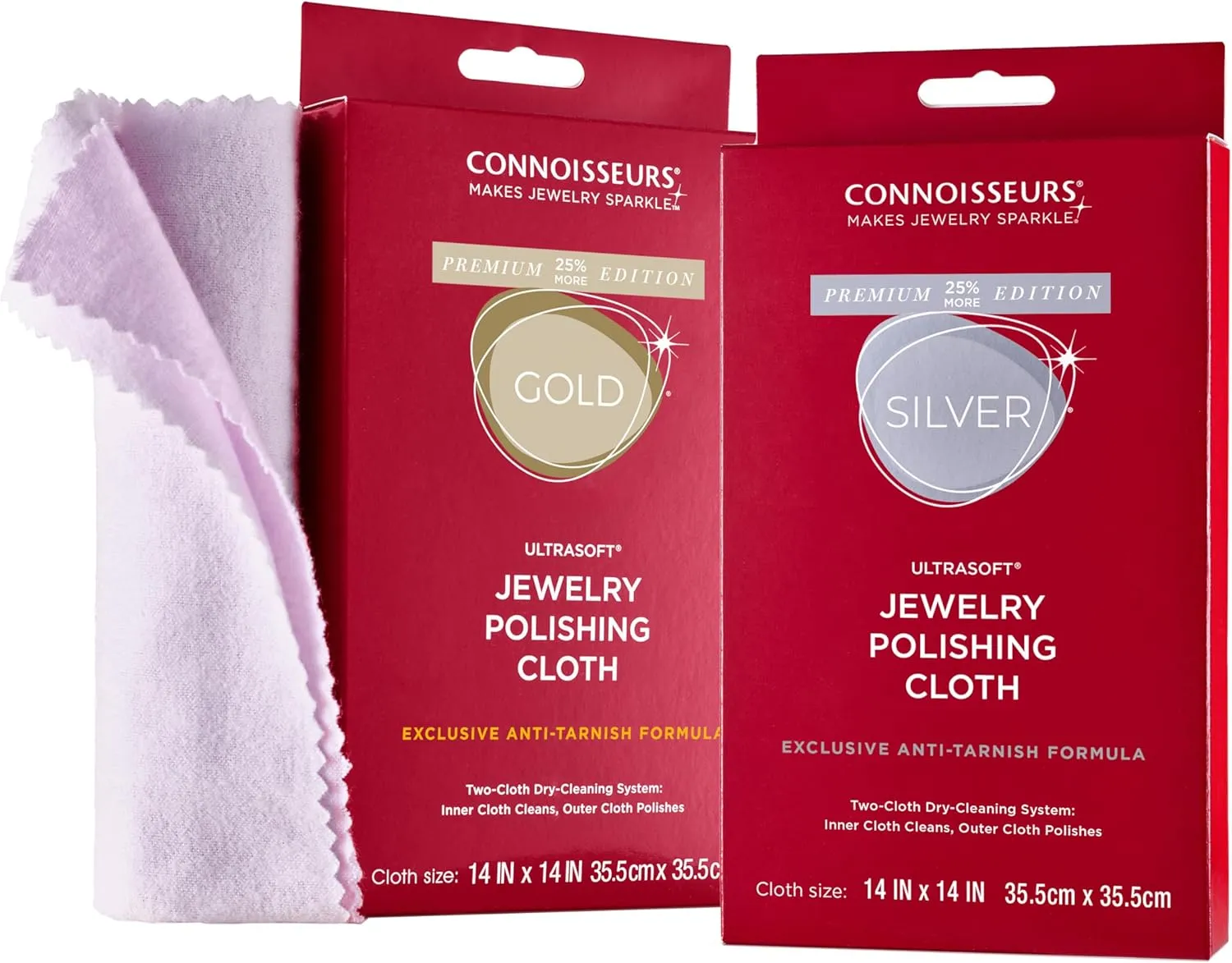 CONNOISSEURS Premium Edition Extra Large Ultrasoft Polishing Cloth with Anti-Tarnish, Value Size 14x14 inches, for Gold and Silver Jewelry, 2 Cloths