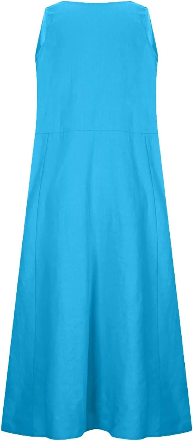 Cotton Linen Dresses for Women 2025 Summer Long Dress Sleeveless Flowy Plus Size Loose Tank Sundress with Pockets