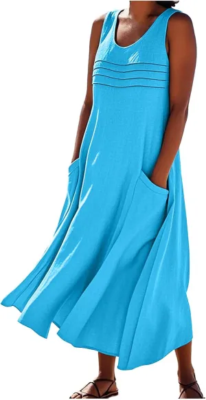 Cotton Linen Dresses for Women 2025 Summer Long Dress Sleeveless Flowy Plus Size Loose Tank Sundress with Pockets