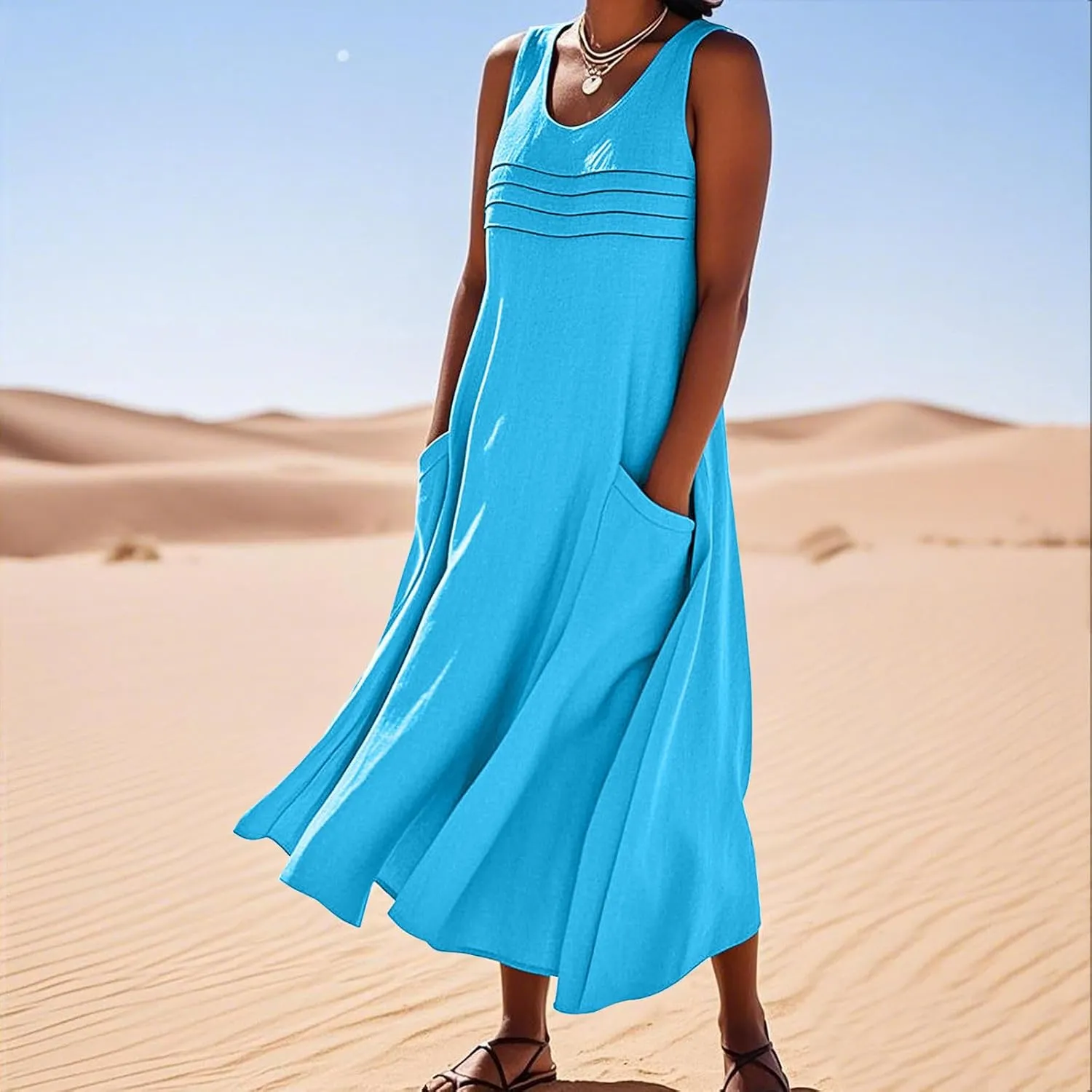 Cotton Linen Dresses for Women 2025 Summer Long Dress Sleeveless Flowy Plus Size Loose Tank Sundress with Pockets
