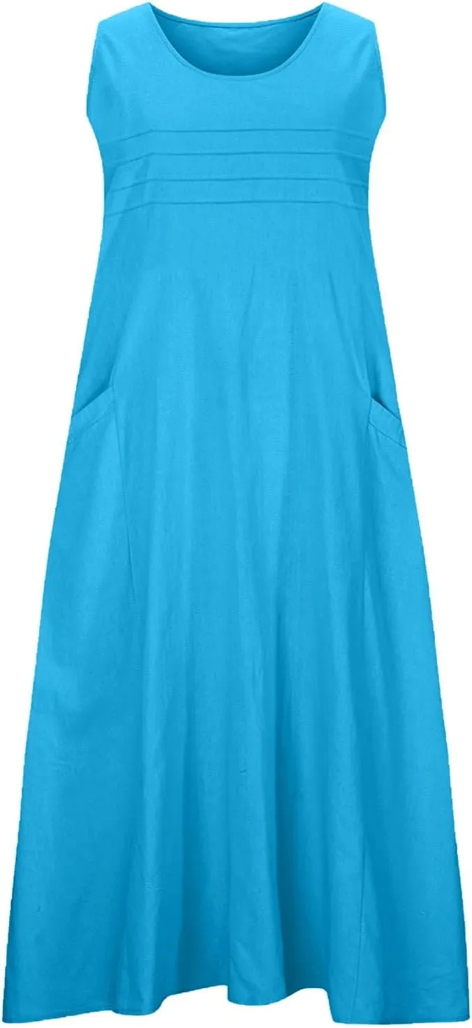 Cotton Linen Dresses for Women 2025 Summer Long Dress Sleeveless Flowy Plus Size Loose Tank Sundress with Pockets