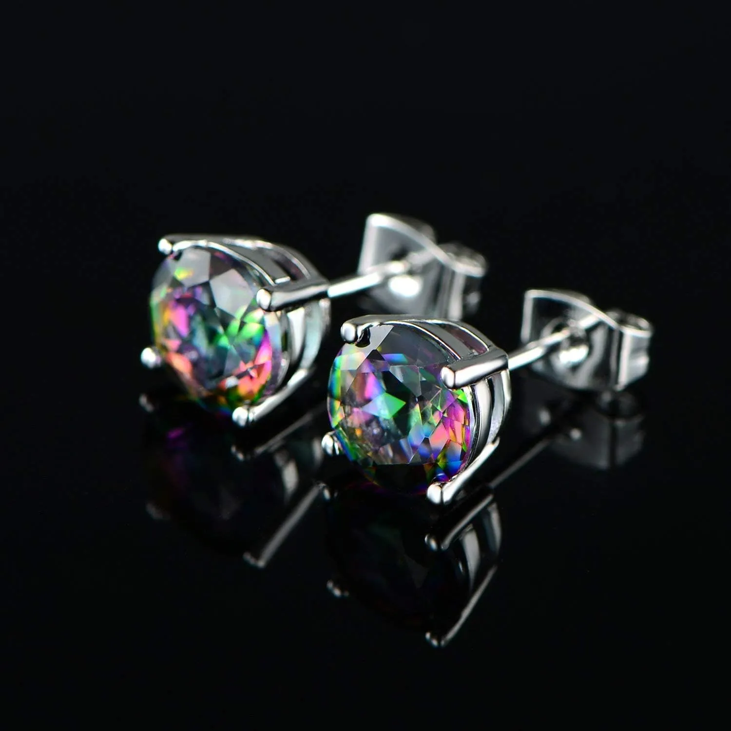 Created Rainbow Quartz Stud Earrings for Women Men 18K White Gold Plated Round/Square CZ Earrings Hypoallergenic Jewelry Gift